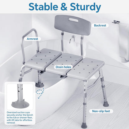 Adjustable Tub Transfer Bench with Armrest and Backrest