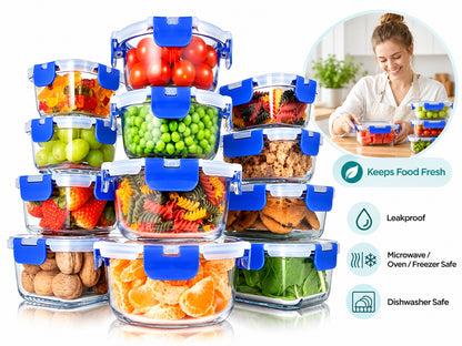 24-Piece Glass Storage Containers Set with Leak-Proof Lids