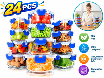 24-Piece Glass Storage Containers Set with Leak-Proof Lids