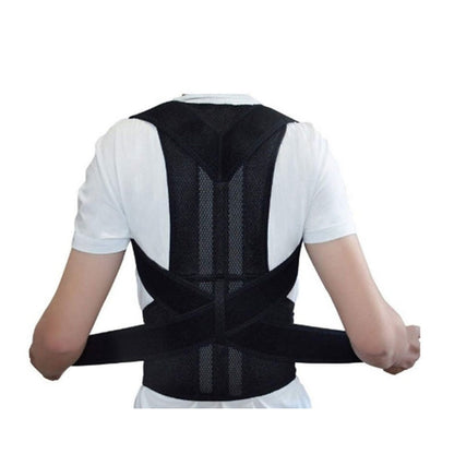 Posture corrector front view showing adjustable straps in black
