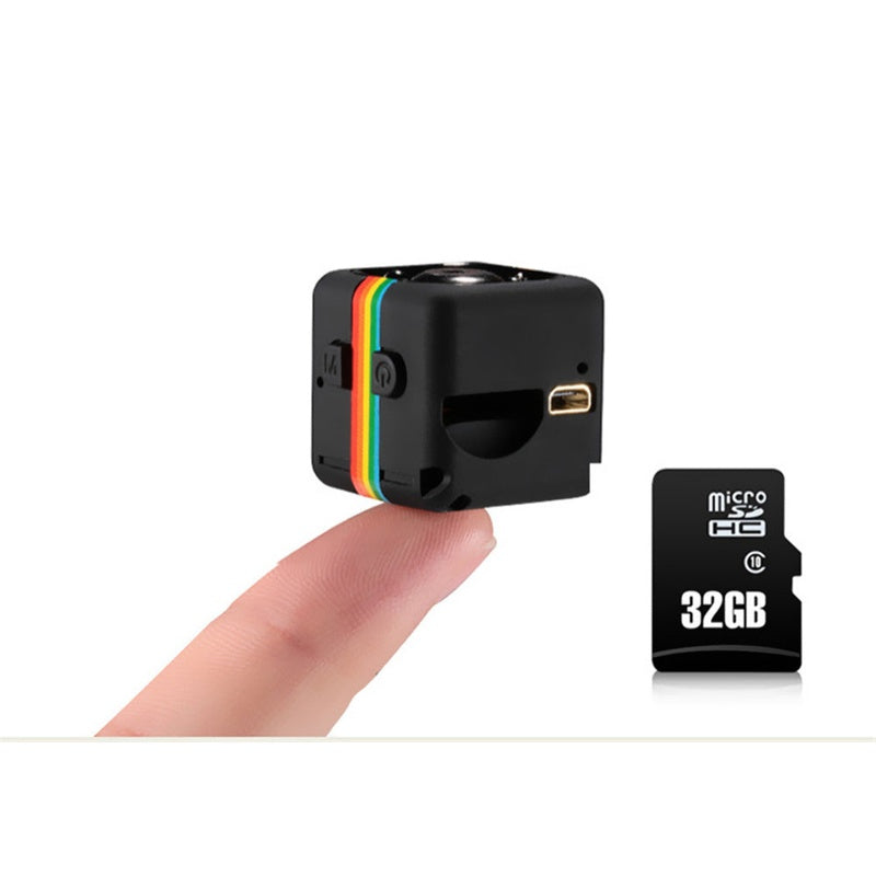 Mini camera front view showing compact black design