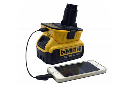 Side view of Dewalt battery adapter in black plastic casing
