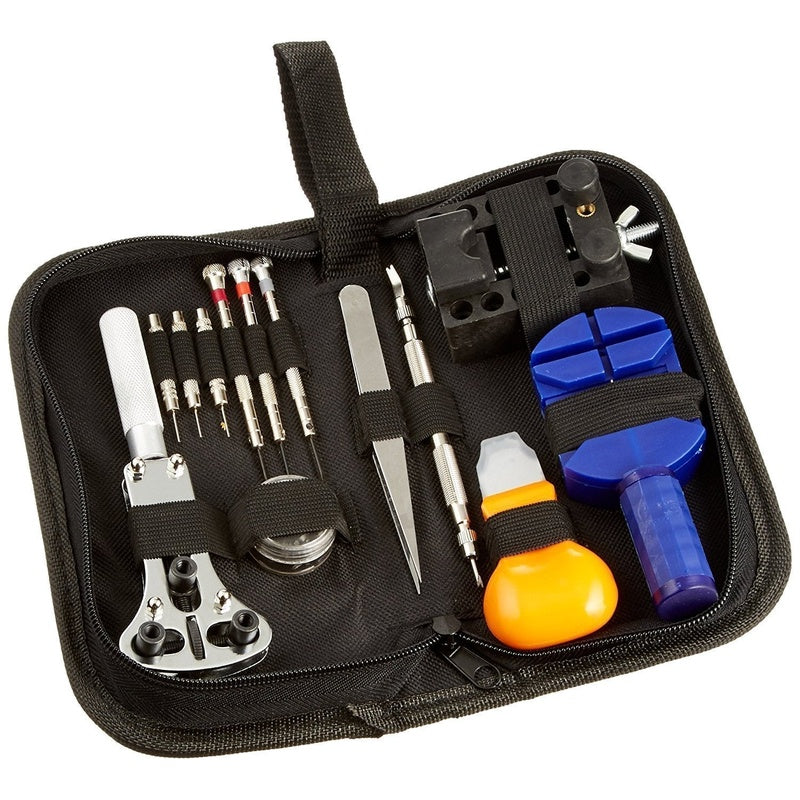 Watch repair kit with zippered case open showing tools
