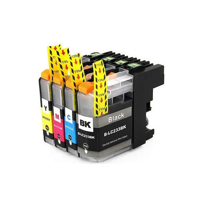 Brother LC233 compatible ink cartridge full set showing all four colours