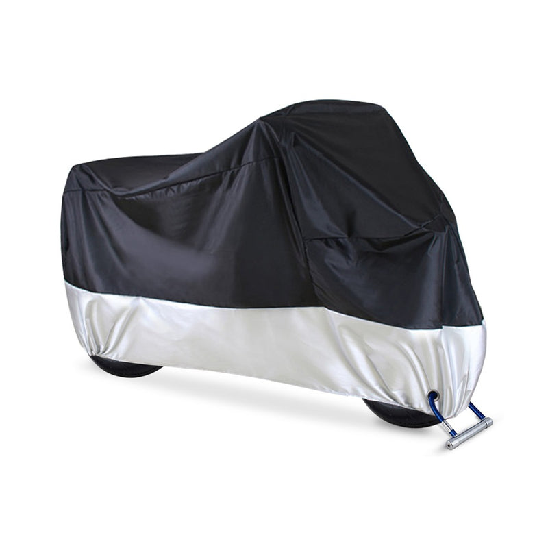 Black bike cover on motorcycle showing full side view