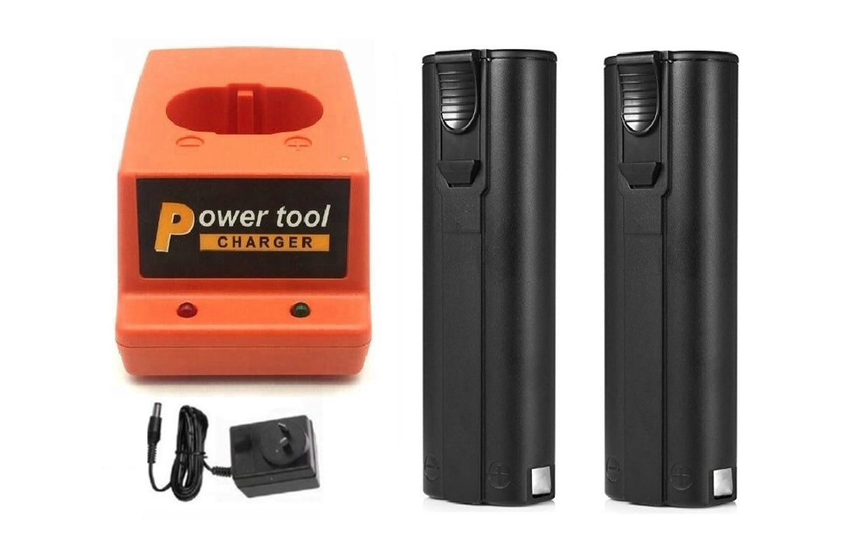 Side angle of Paslode battery charger with two 2AH batteries attached