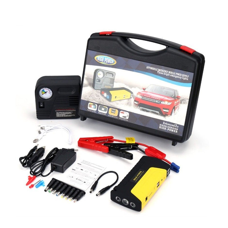Car jump starter with air compressor showing front view and controls