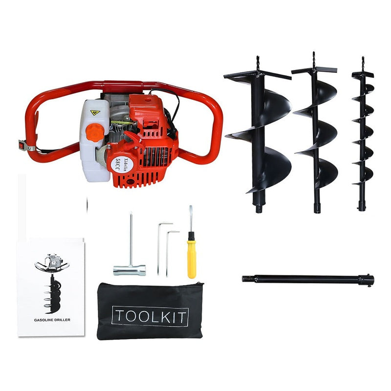 Post hole borer 58cc petrol earth auger side view with ergonomic grips