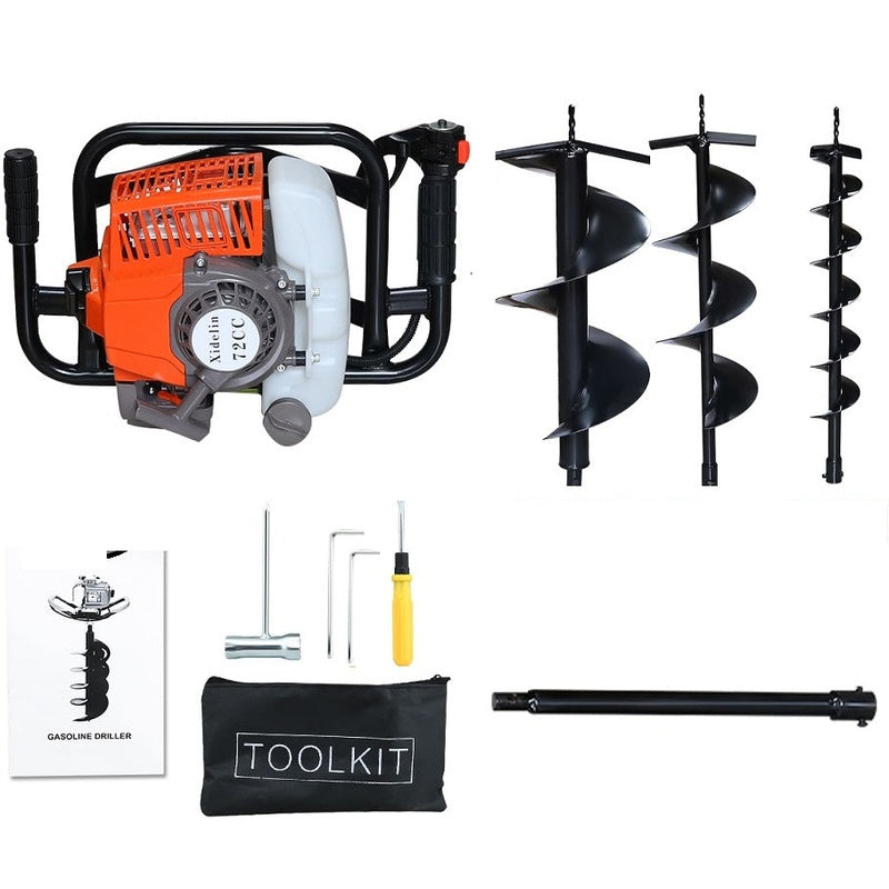 Post hole borer 72cc petrol earth auger side view with ergonomic grips