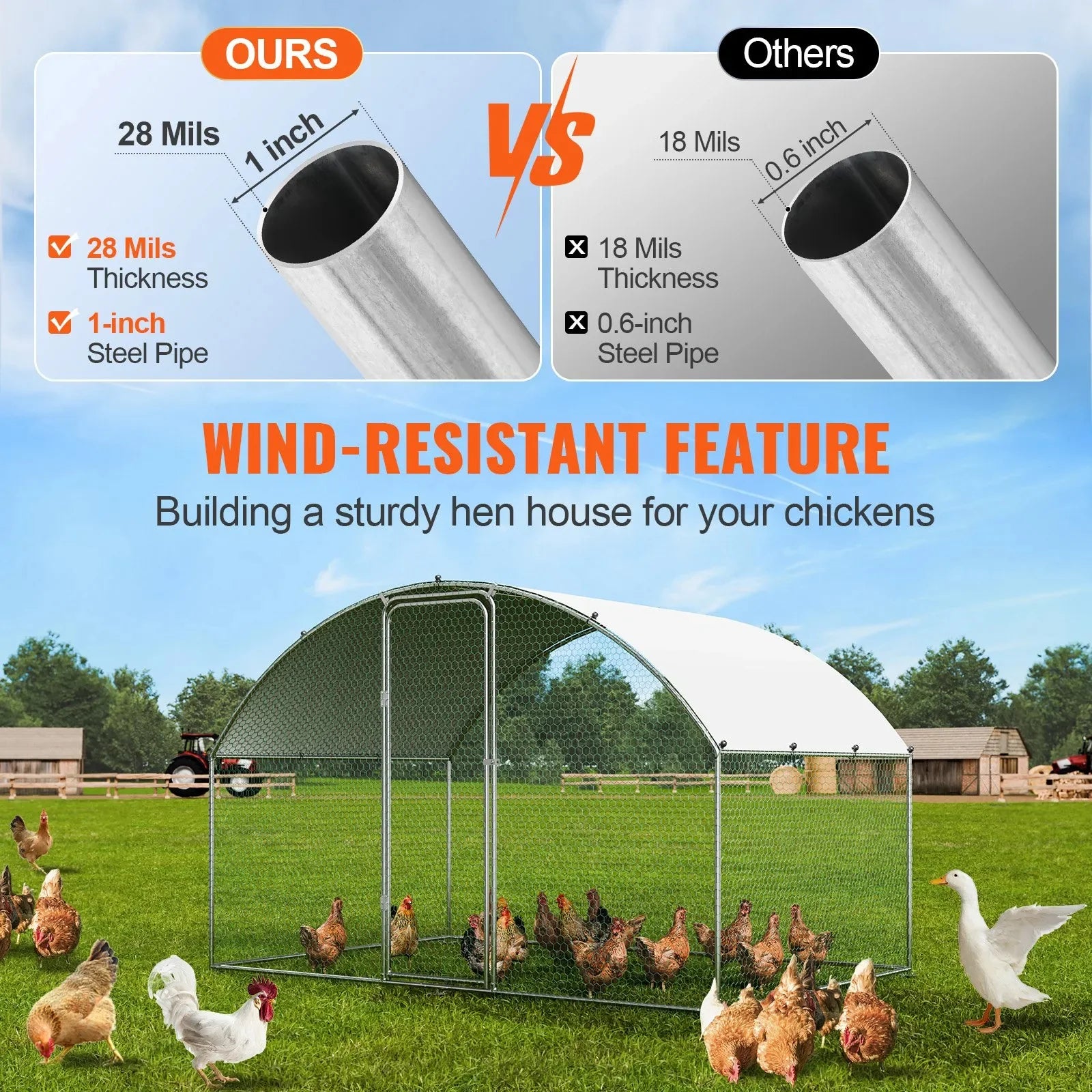 Outdoor chicken coop with weatherproof cover protecting from rain