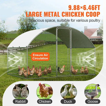 Outdoor chicken coop assembled on grass with ground pegs