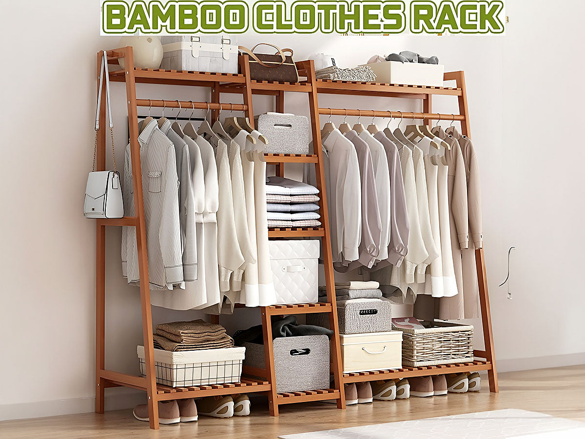 Close up of bamboo wardrobe rack trapezoid frame design