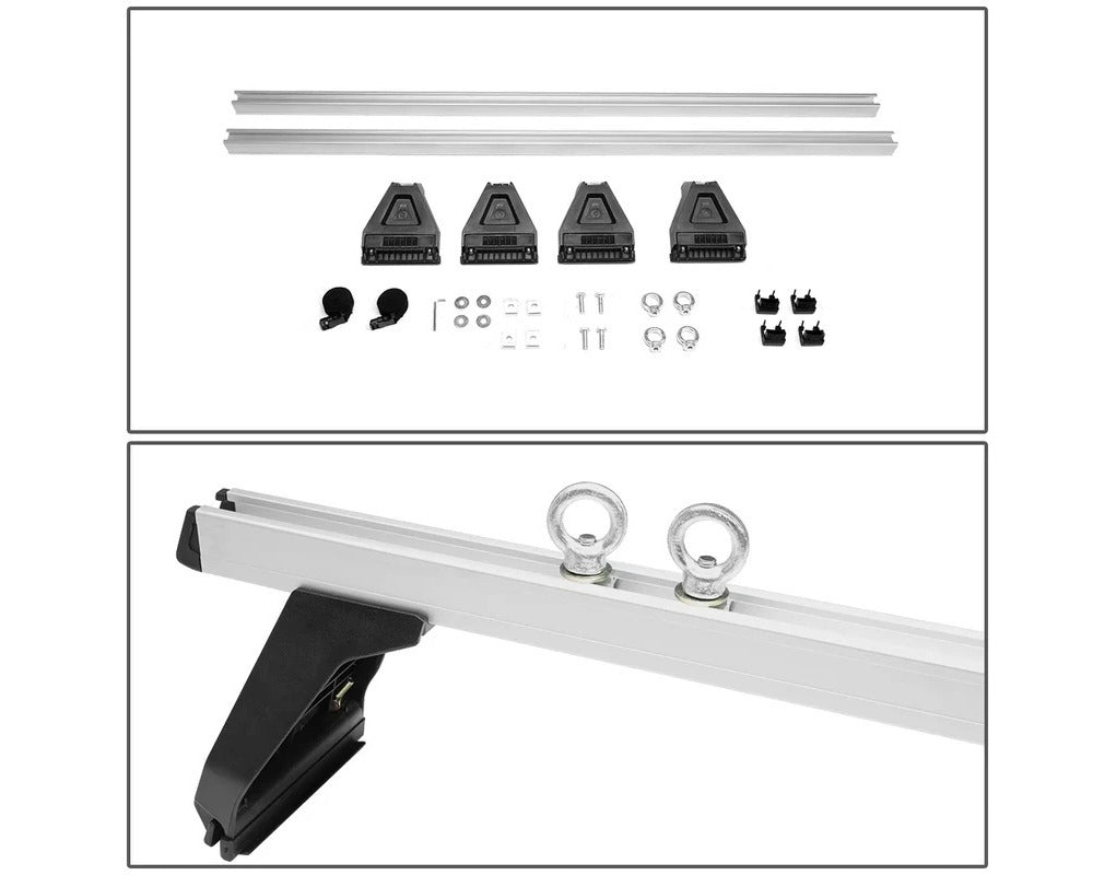 Car roof rack cross bar set showing all included mounting accessories