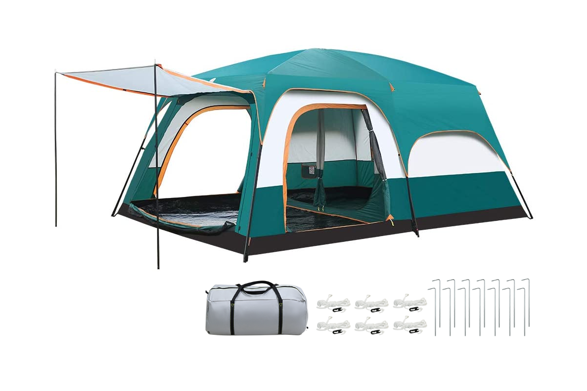 Side view of camping tent 8 person with grey and green fabric