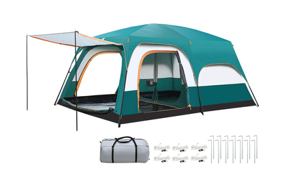 Side view of camping tent 8 person with grey and green fabric