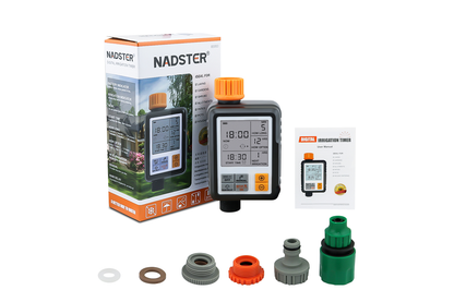 Close up of water irrigation timer digital buttons and display