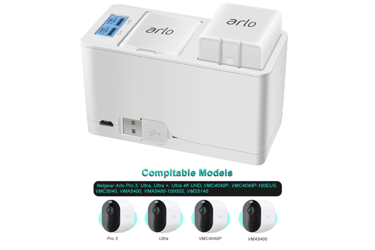 Side angle of Arlo Pro 3 Pro 4 battery charger in black ABS material