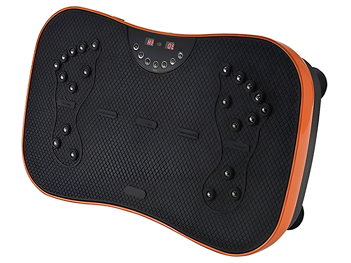 User standing on vibration plate exercising core muscles