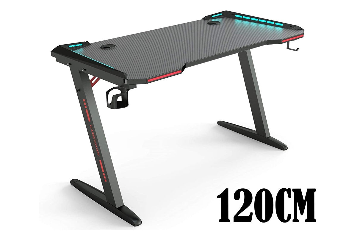 Side angle of gaming desk table showing Z shape steel frame
