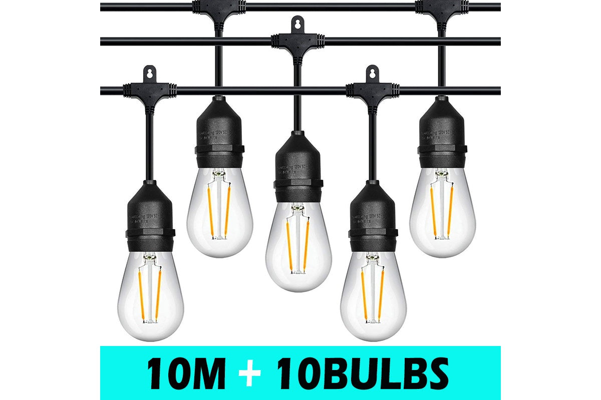 Close up of LED bulbs on outdoor festoon light string 10m