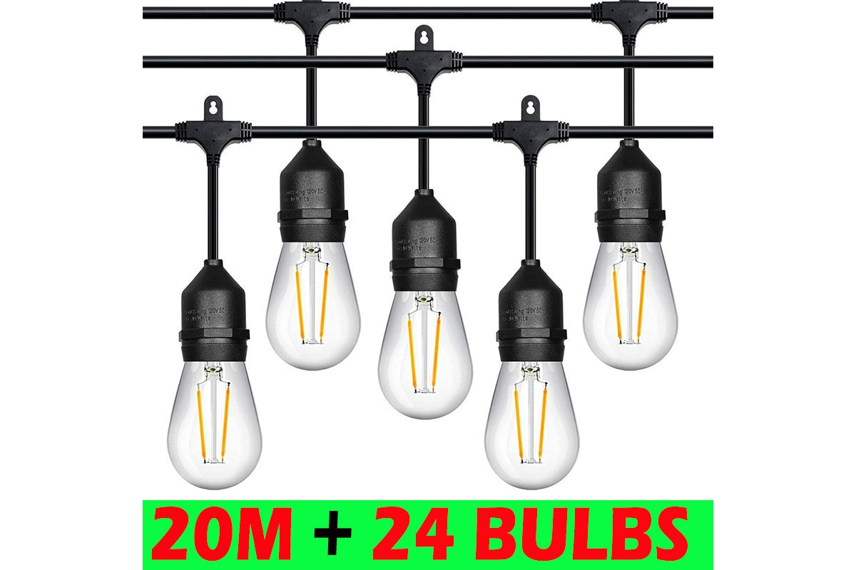 Close-up of 24 LED bulbs on festoon light string lights