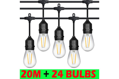 Close-up of 24 LED bulbs on festoon light string lights