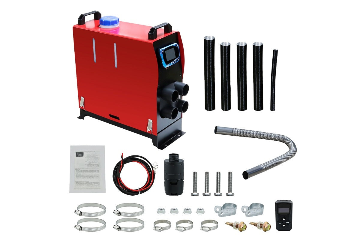 Side angle of diesel air heater in red and black colours with control panel