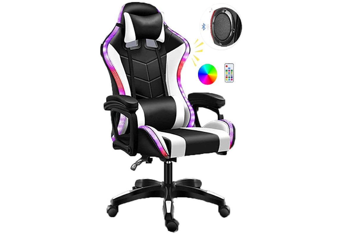 Side view of gaming chair with adjustable recline and footrest