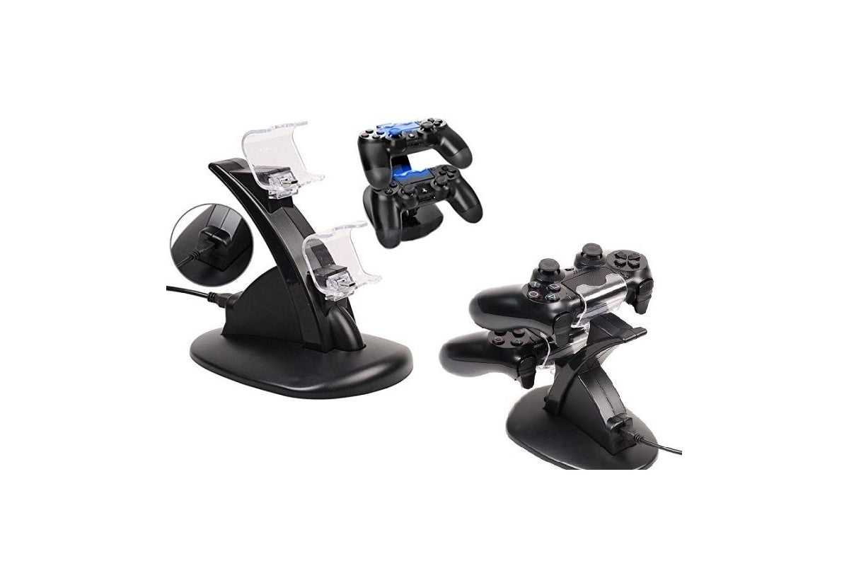 Side angle of PS4 charging dock highlighting USB cable connection