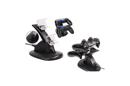 Side angle of PS4 charging dock highlighting USB cable connection