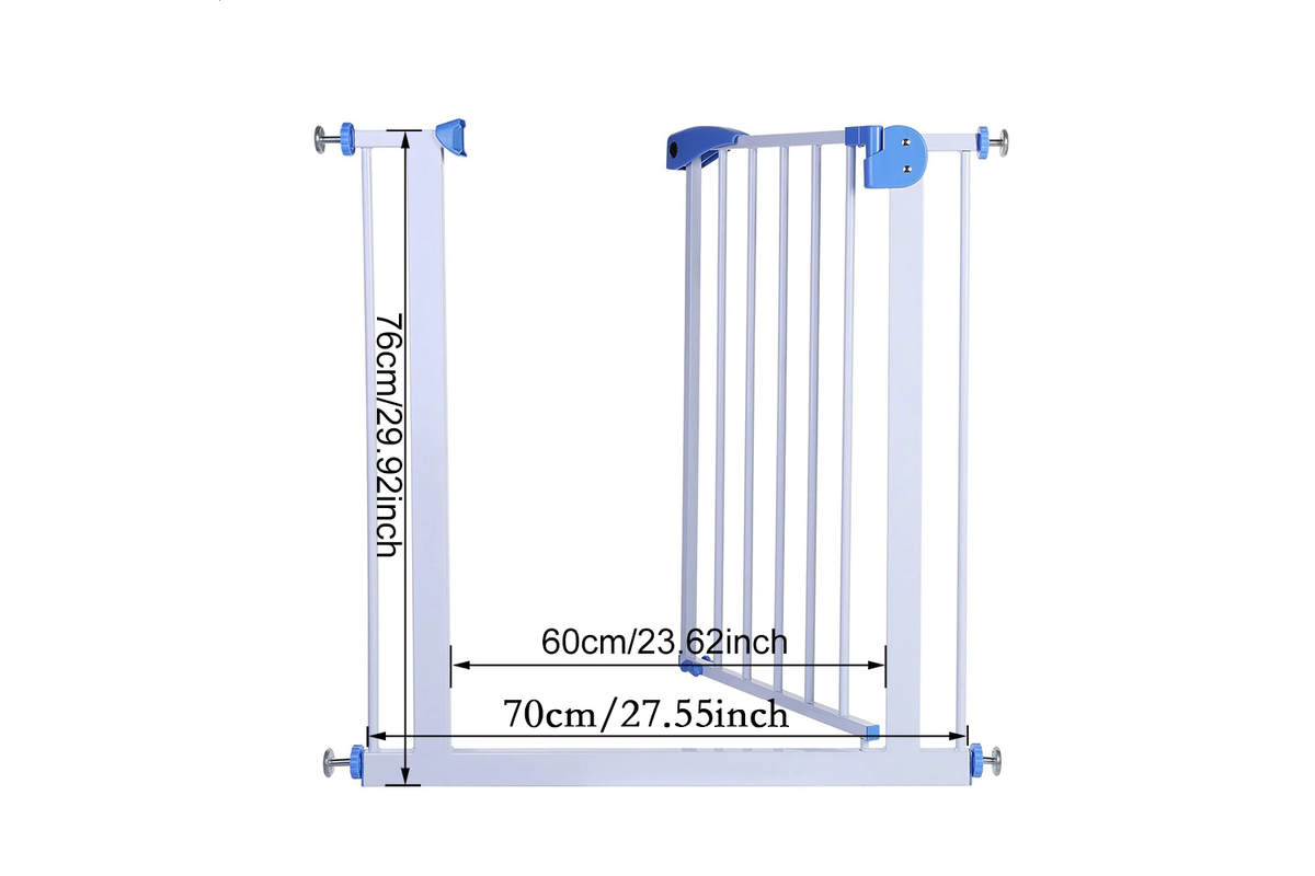 Close up of metal frame on baby safety gate in blue