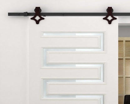 Side view of barn door hardware rail mounted on wall