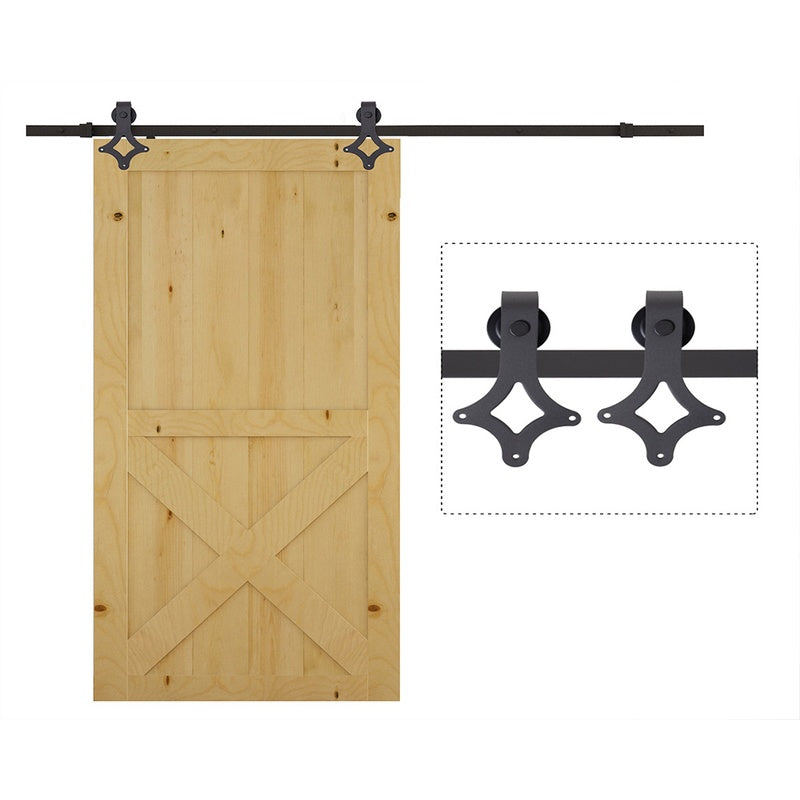 Side view of barn door hardware showing door stopper detail