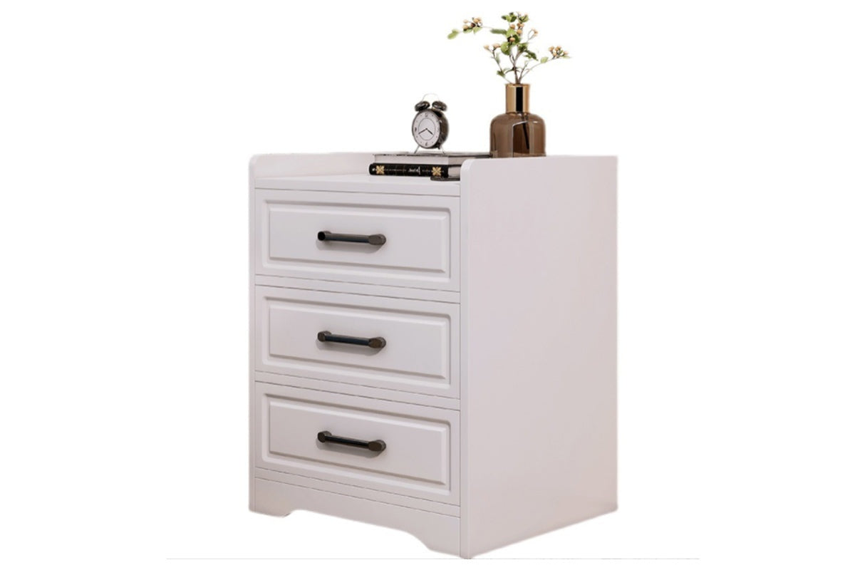 Close up of bedside table drawer with round wooden handle