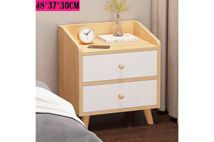 Side angle of bedside table showing raised legs and storage space