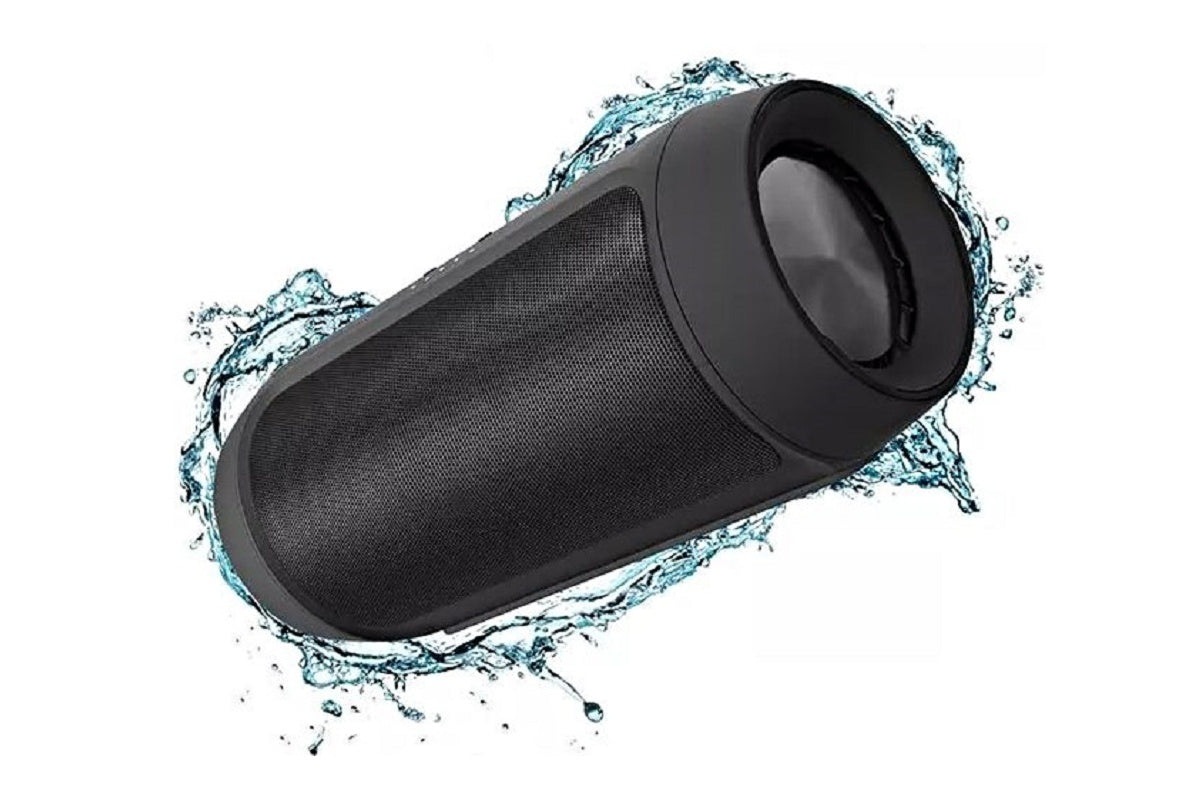 Side angle of wireless Bluetooth speaker highlighting black finish