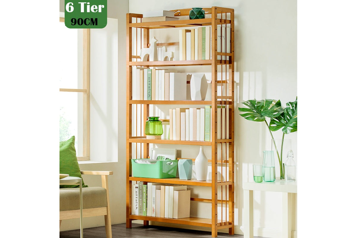 Side angle of bamboo bookshelf storage rack highlighting thickness