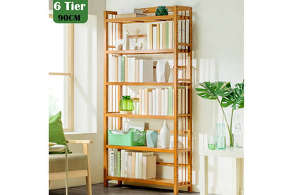 Side angle of bamboo bookshelf storage rack highlighting thickness