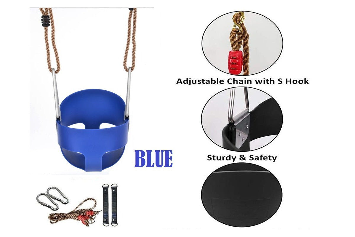 Side angle of bucket toddler swing highlighting adjustable PE rope