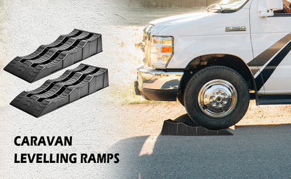 Camper wheel chocks placed under caravan tyre for stability