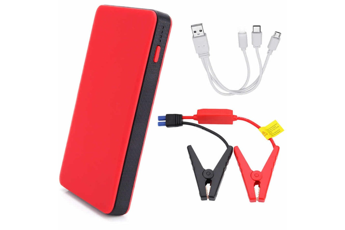 Compact car jump starter showing slim red design