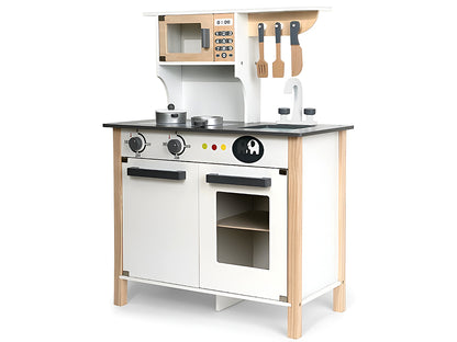 Pretend play kitchen set highlighting wooden material texture
