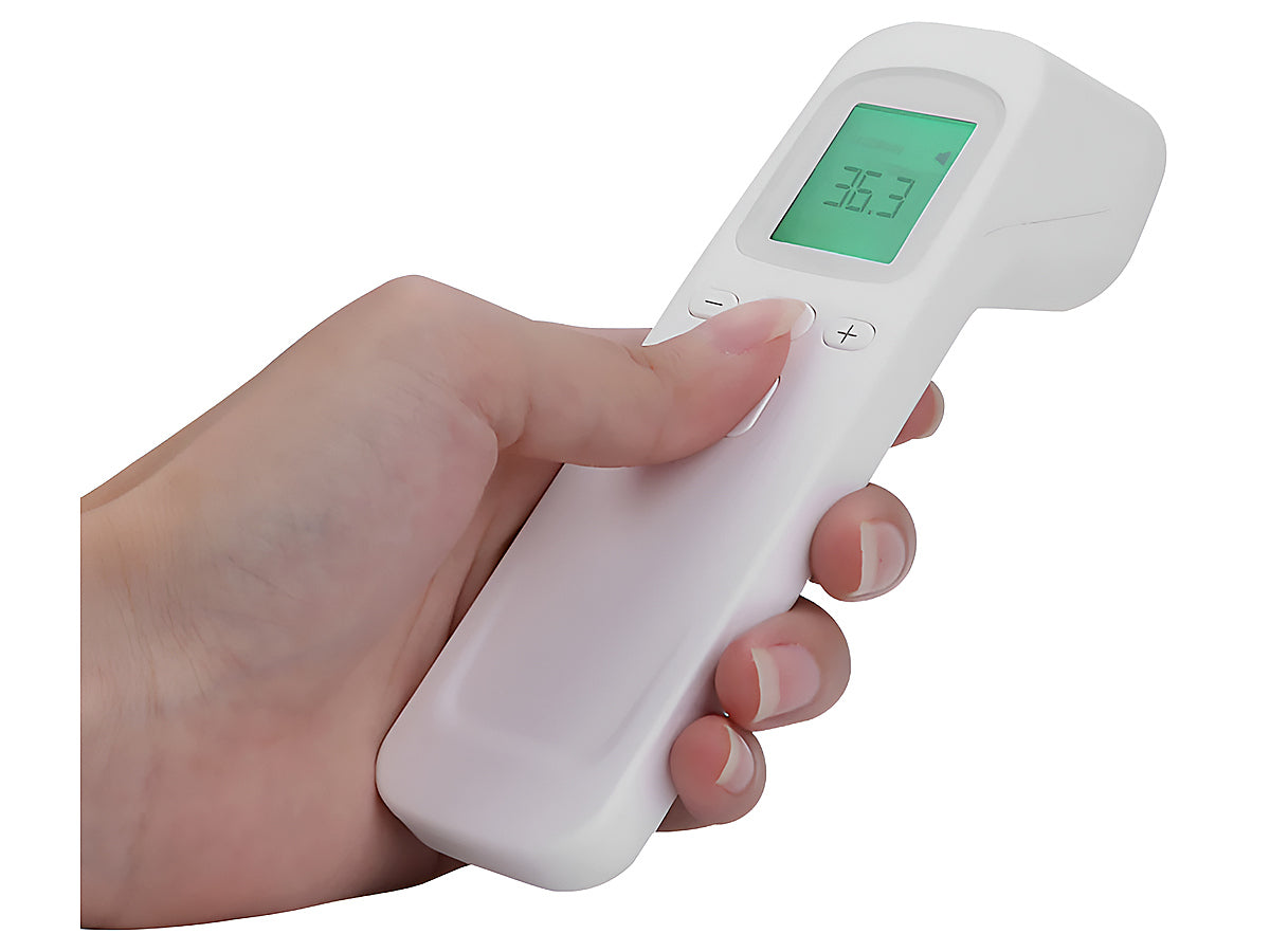 Forehead thermometer displaying temperature in Celsius