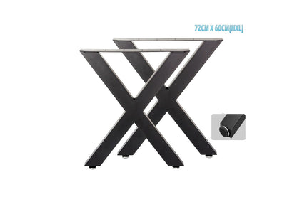 Close up of metal table legs X shape mounting plate