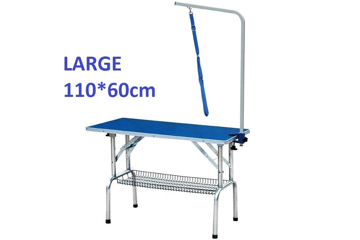 Side view of pet grooming table with adjustable arm