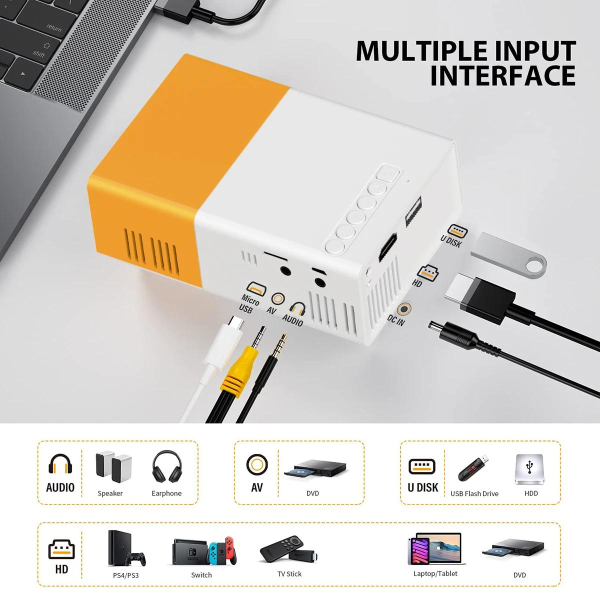 Portable HD projector placed on table for home cinema use