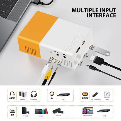 Portable HD projector placed on table for home cinema use