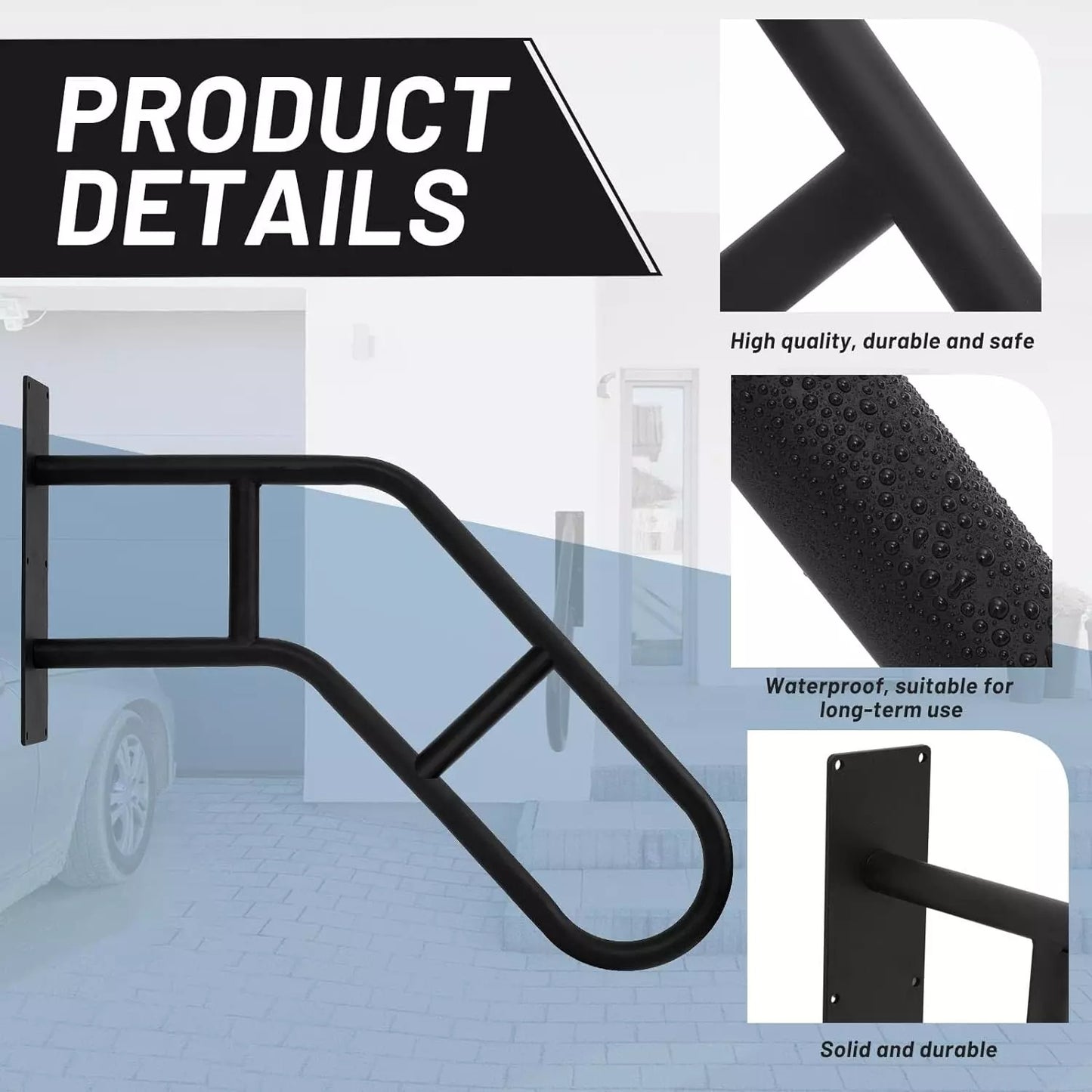 Adjustable height outdoor handrail fixed on garage wall