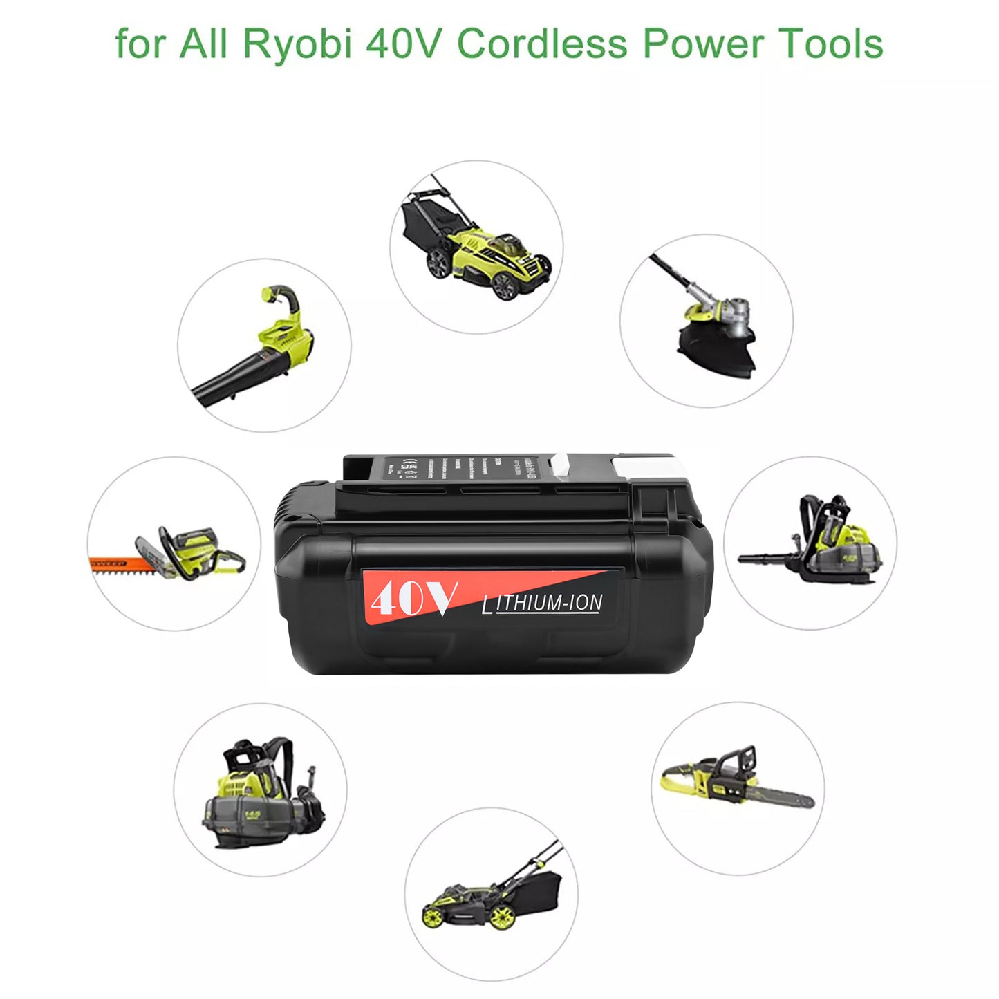 Ryobi 40V 5Ah battery with voltage and amp hour markings