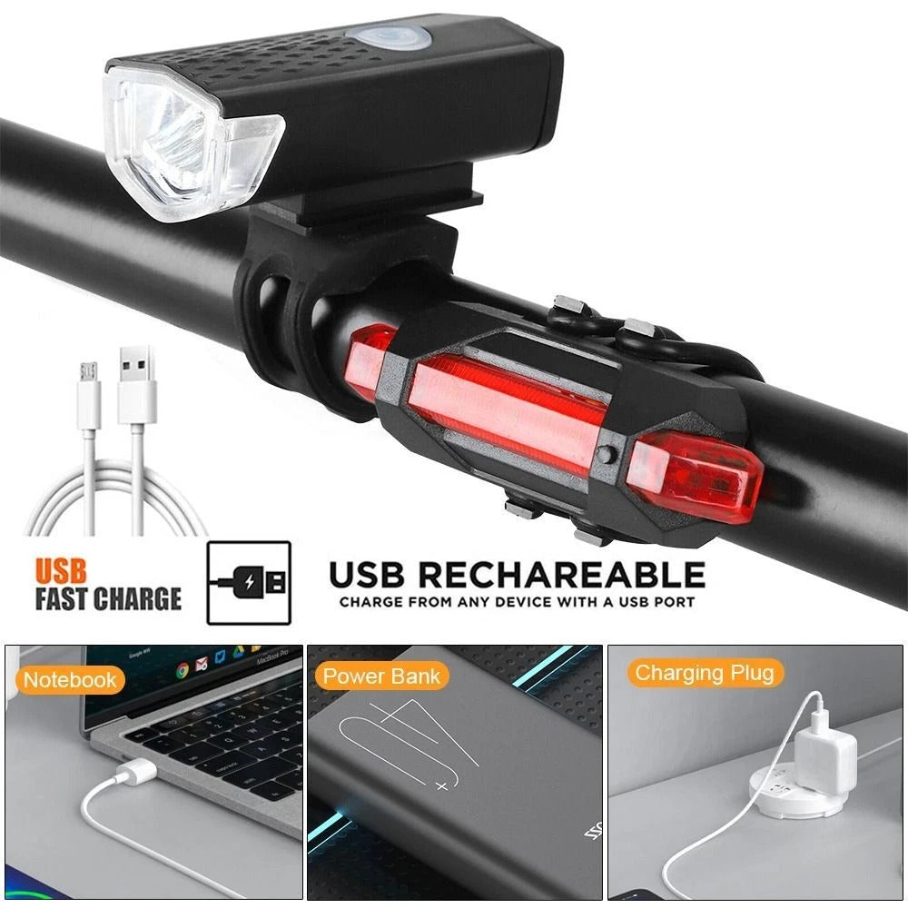 Bike light set mounted on a bicycle handlebar and seat post